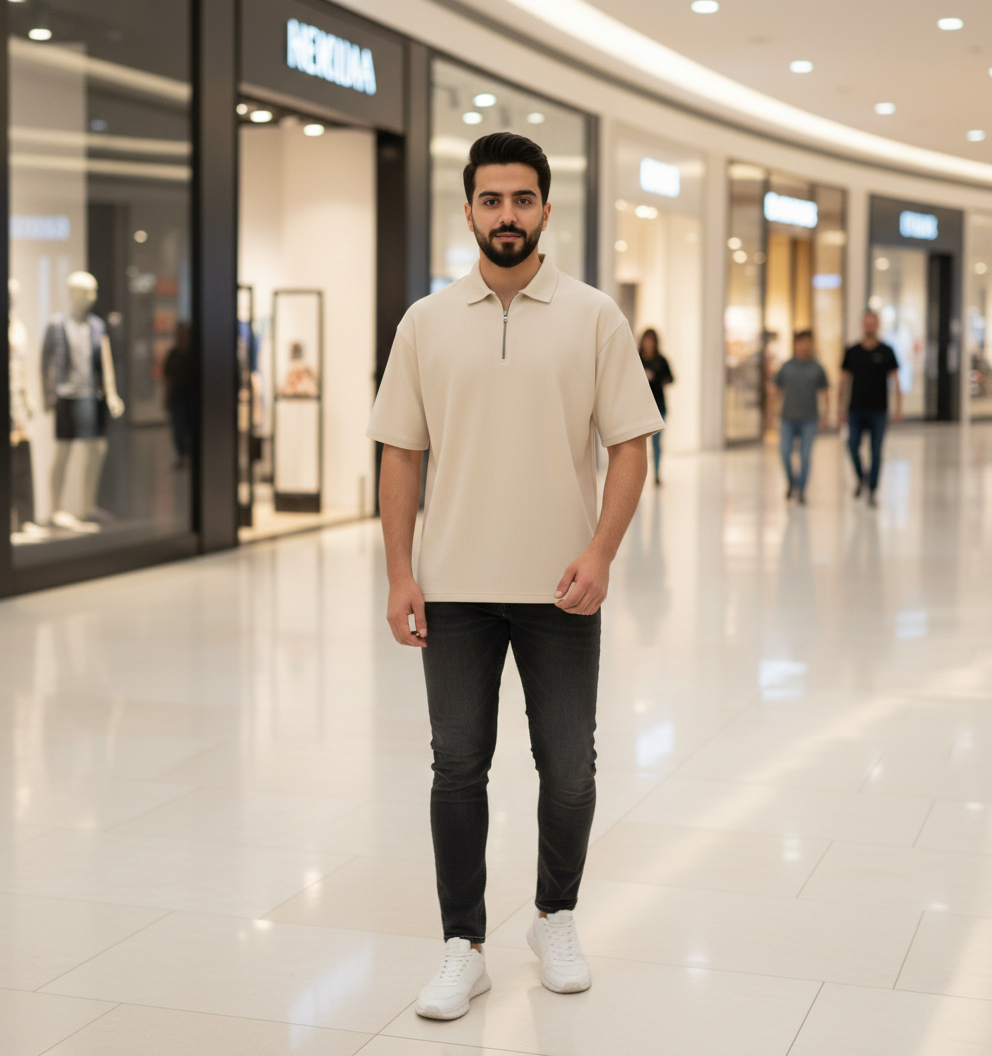 تیشرت مردانه یقه زیپ دار کرم مدل Arban-کرم