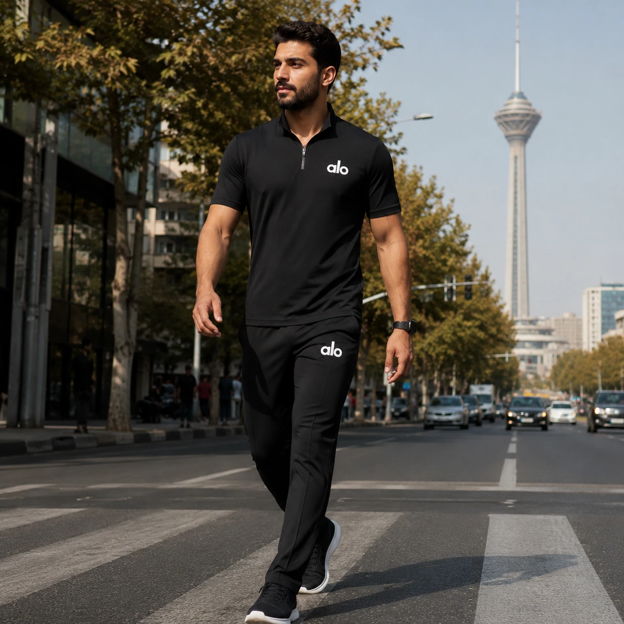 ست مردانه نیم زیپ و شلوار مدل alo-مشکی